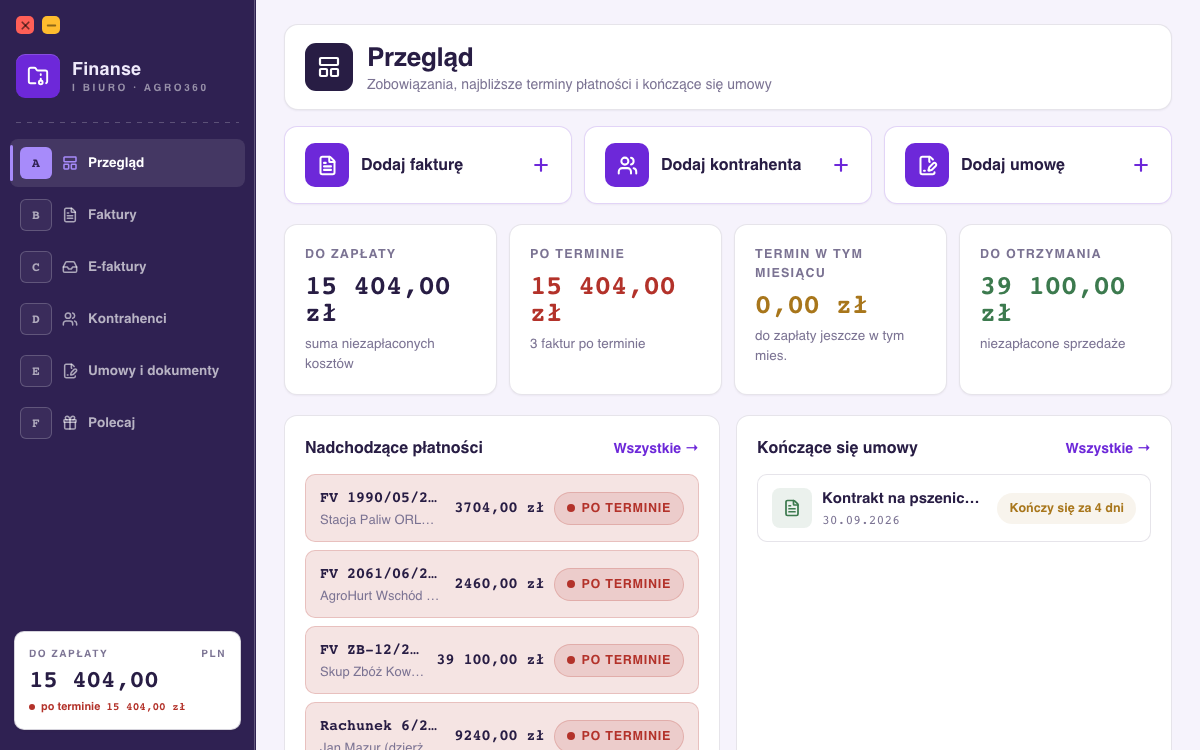 Podgląd interfejsu Biura i Finansów z podsumowaniami płatności oraz kończących się umów