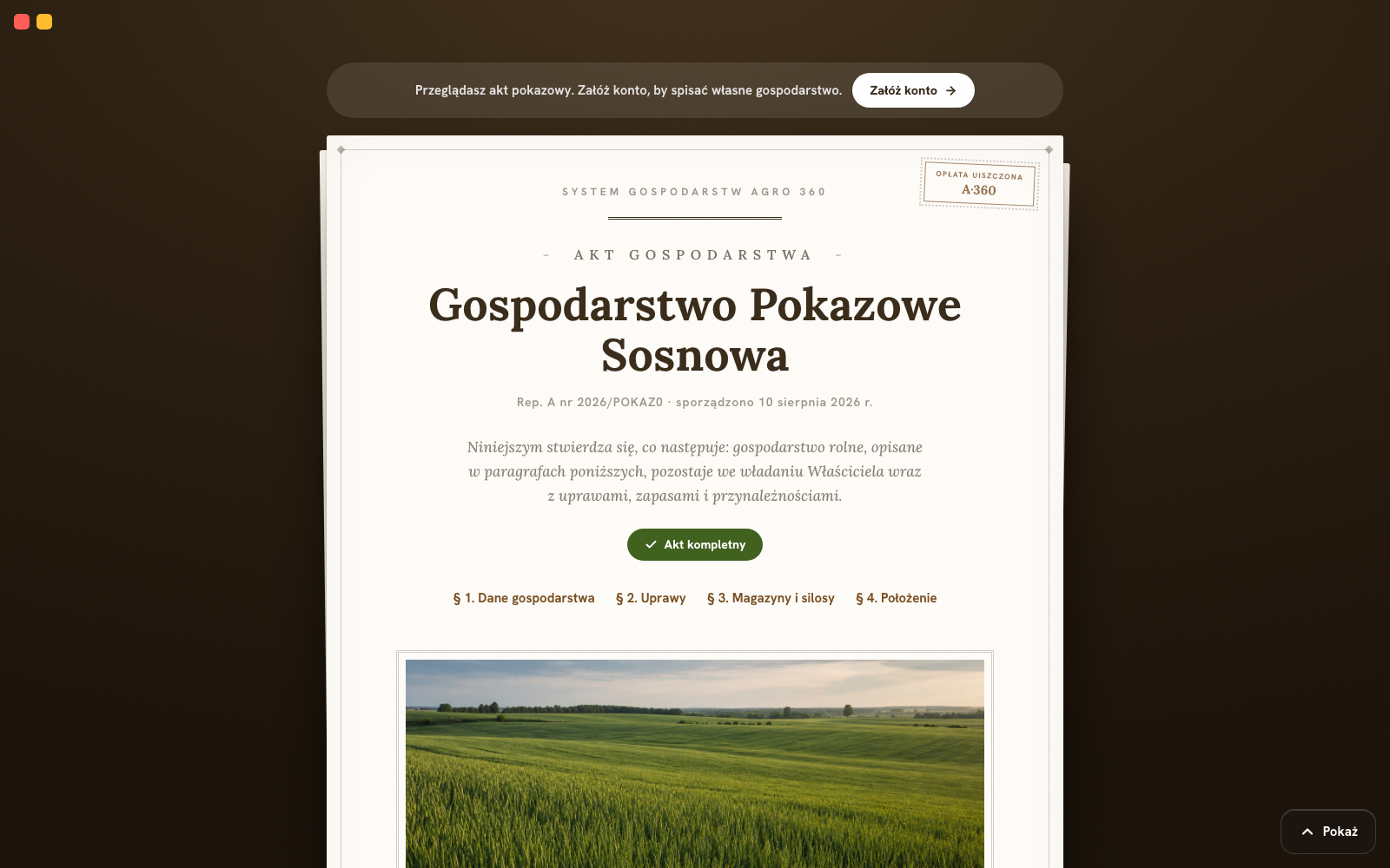 Przykład interfejsu Aktu gospodarstwa w AGRO 360