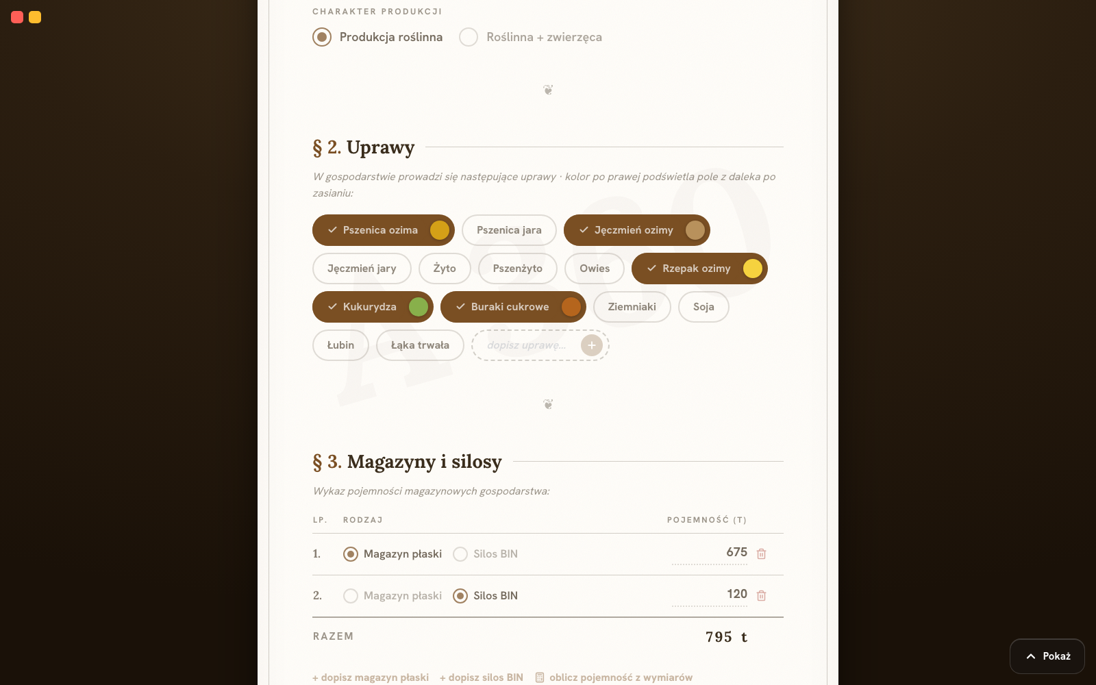 Przykład sekcji magazynów i silosów w aplikacji Gospodarstwo