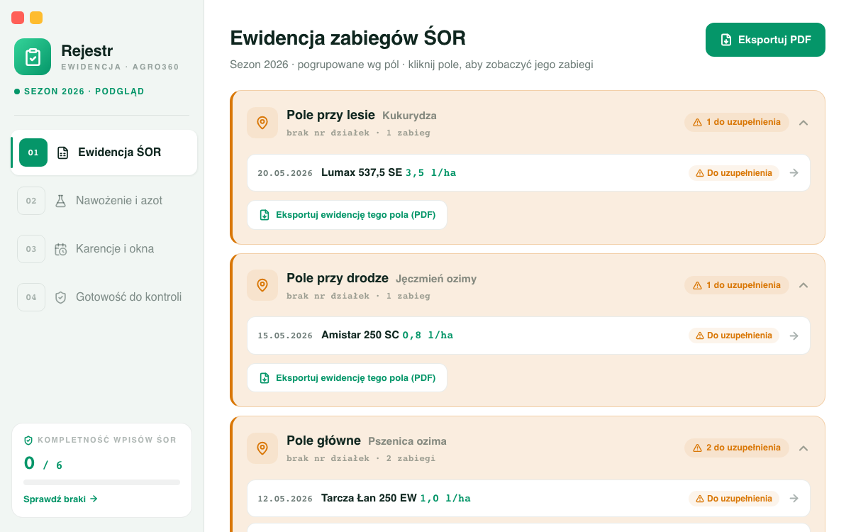 Ewidencja zabiegów ochrony roślin pogrupowana według pól