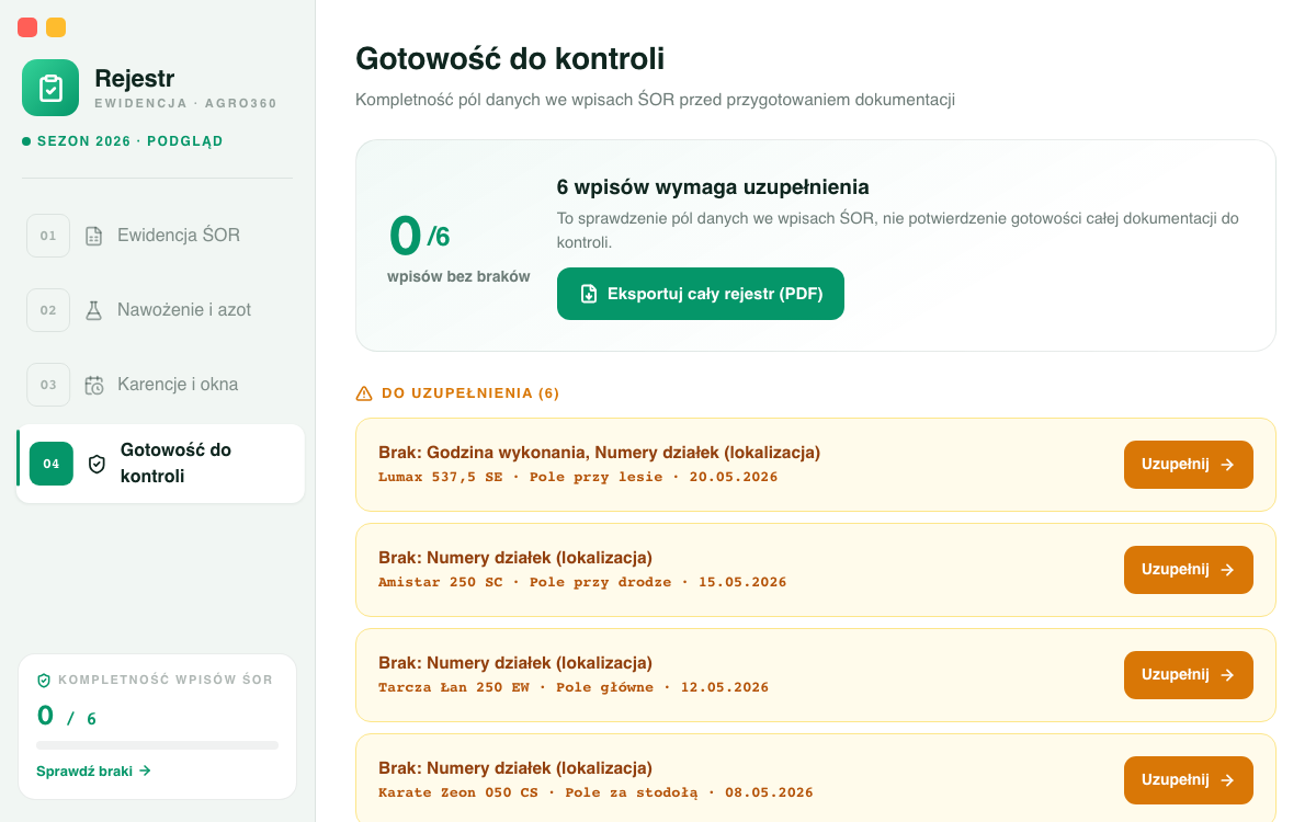Rejestr zabiegów — lista braków we wpisach przed kontrolą