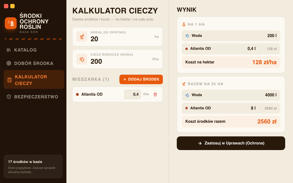 Środki ochrony roślin — Kalkulator cieczy