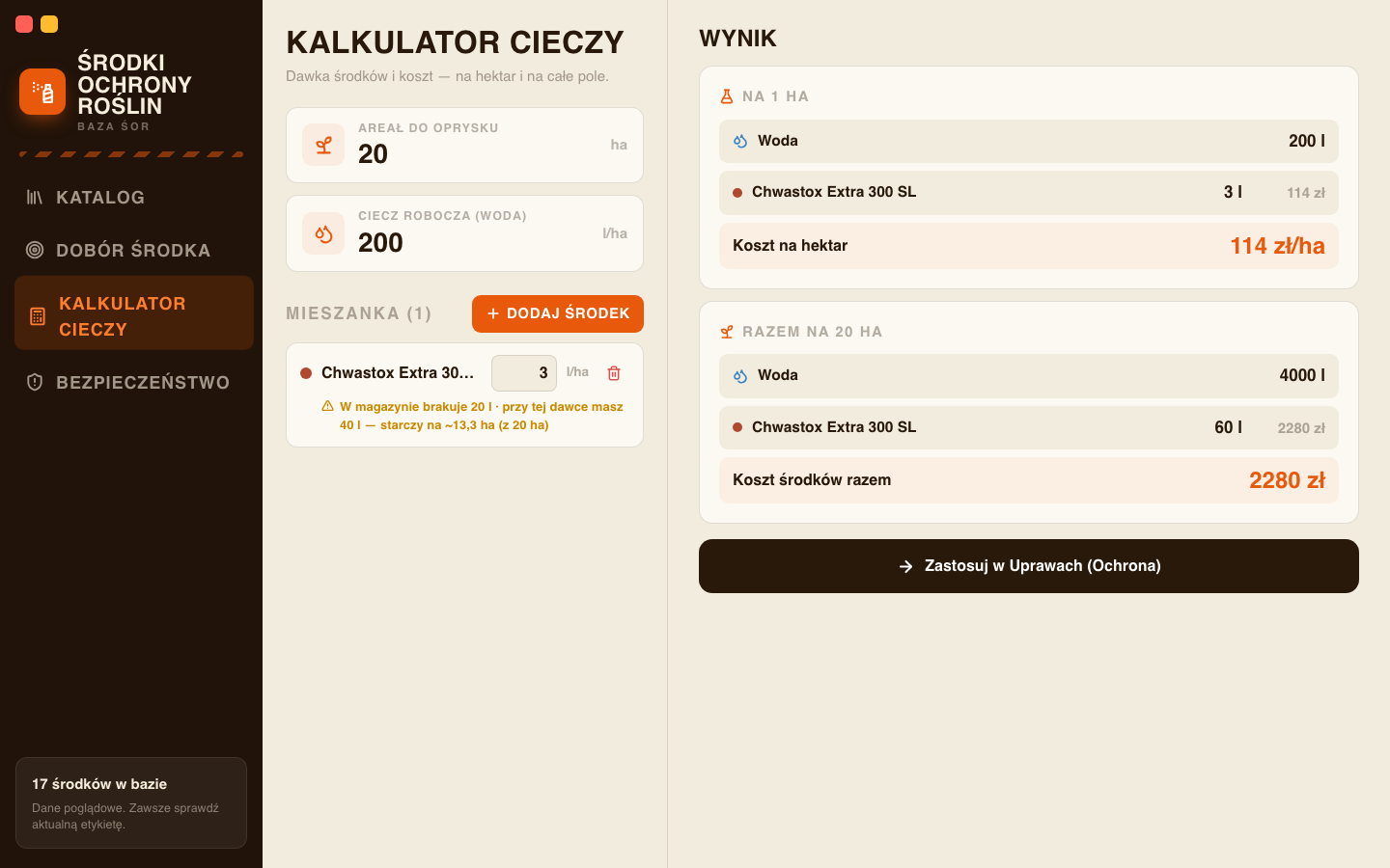 Kalkulator cieczy roboczej z dawką Chwastox Extra 300 SL 3 l/ha dla przykładowego pola
