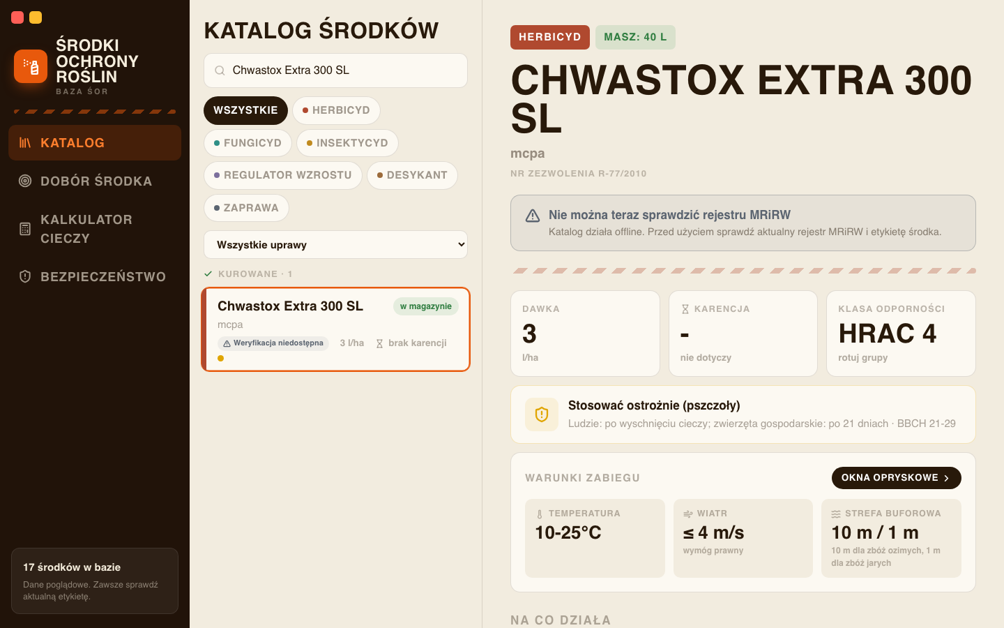 Katalog offline z przykładem Chwastox Extra 300 SL i informacją o niedostępnej weryfikacji rejestru