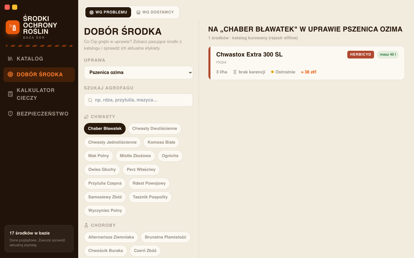Dobór środka dla pszenicy ozimej i chabra bławatka z wynikiem katalogu offline