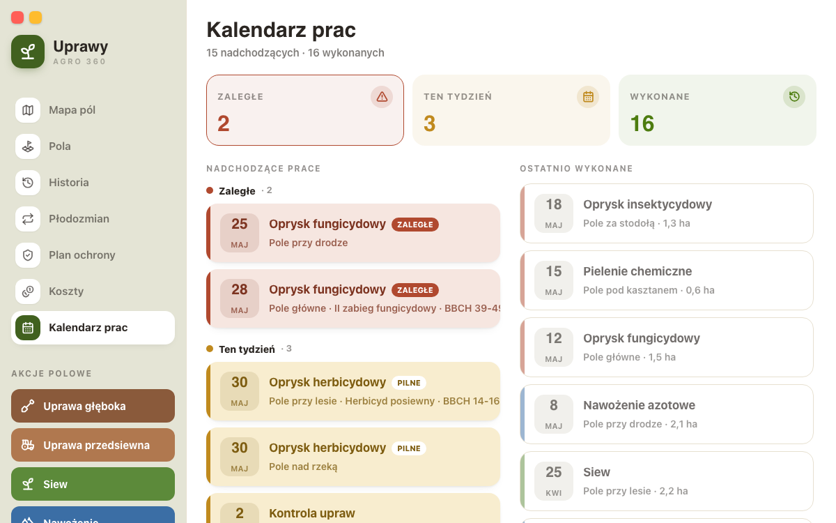 Kalendarz prac w aplikacji Uprawy z pracami zaległymi, bieżącymi i ostatnio wykonanymi