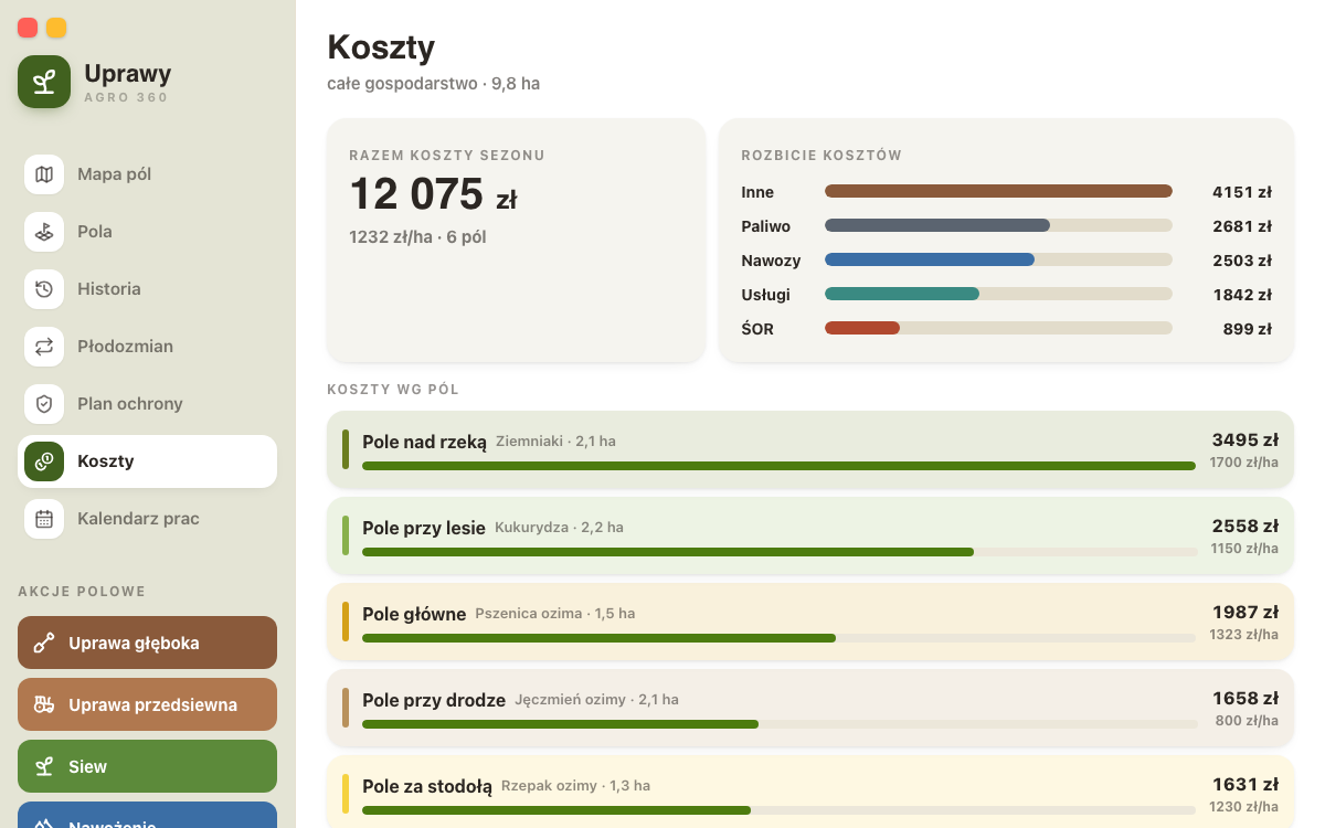 Koszty sezonu w aplikacji Uprawy z sumą, kategoriami i porównaniem kosztów pól