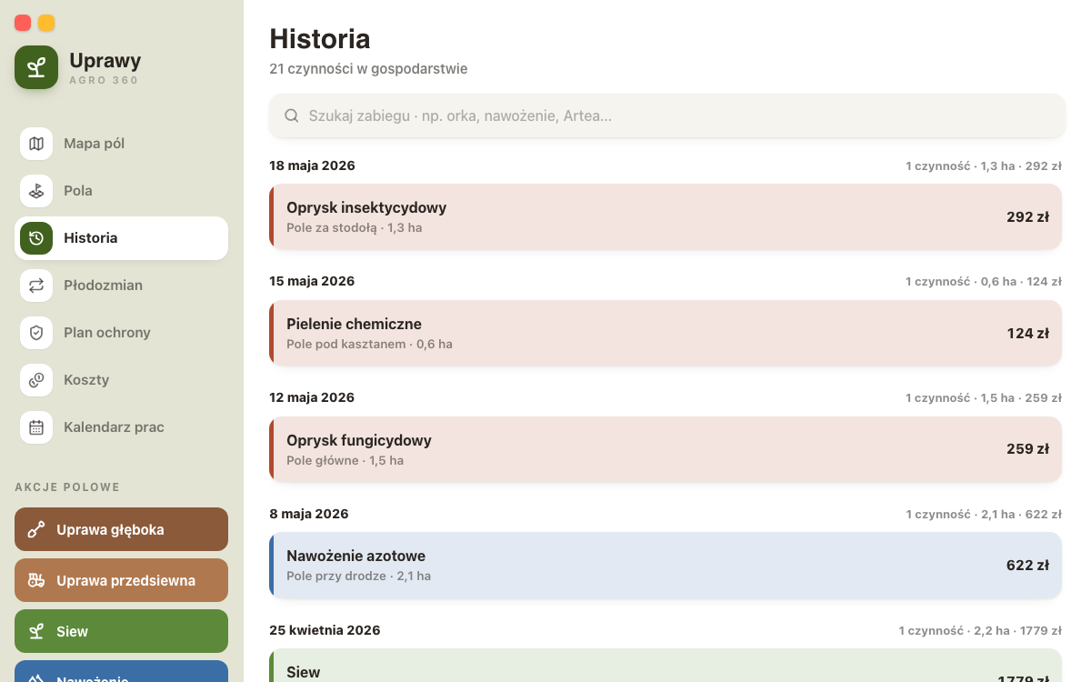 Historia prac w aplikacji Uprawy pogrupowana według dat