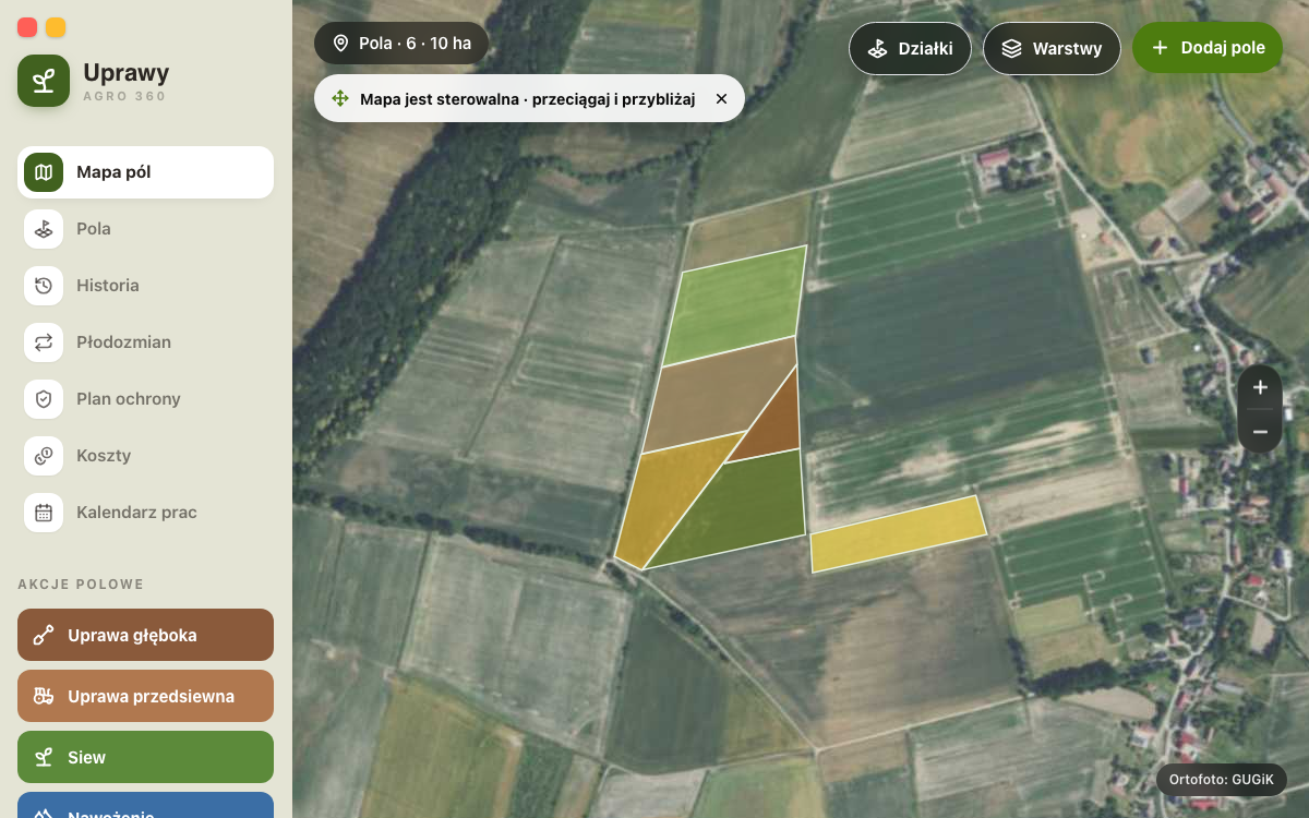 Mapa sześciu pól w aplikacji Uprawy na ortofotomapie GUGiK