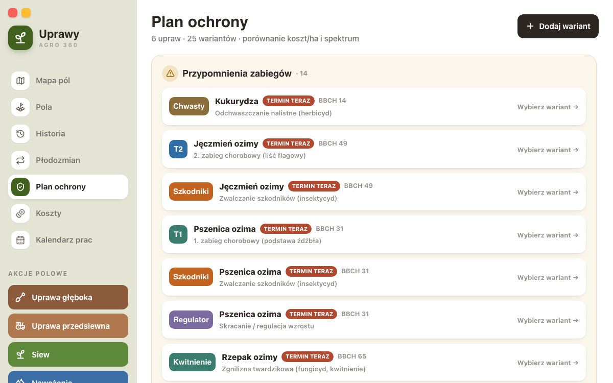 Plan ochrony w aplikacji Uprawy z przypomnieniami zabiegów i wyborem wariantu dla upraw
